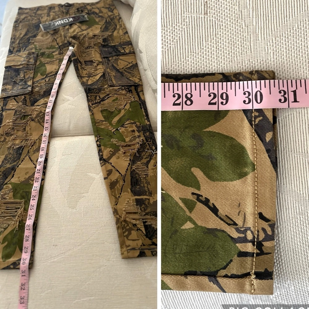 KDNK Mens Forest Camo Brown Pants 32/31.5 Skinny Ripped Patches Outdoor Jeans - Picture 8 of 16